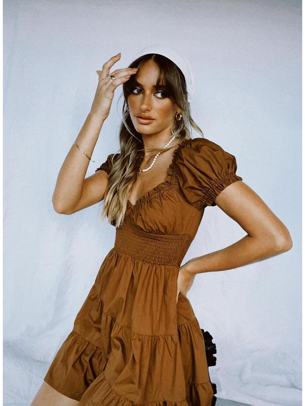 NWT Princess Polly Daniela Chocolate Brown Tiered Ruffle Smocked Mini Dress 6 - Picture 3 of 9